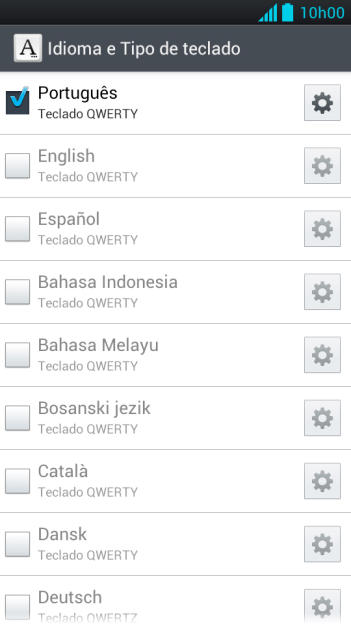 Pressione o ícone de configurações ao lado do idioma desejado. Pressione o ícone de configurações ao lado do idioma desejado.