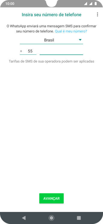 Pressione AVANÇAR. Aguarde até que o celular receba uma SMS para confirmar seu número de telefone. Pressione AVANÇAR. Aguarde até que o celular receba uma SMS para confirmar seu número de telefone.