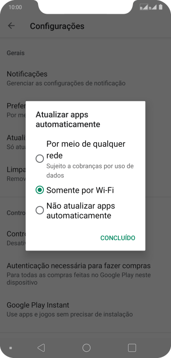 Para ativar a atualização automática de apps via rede celular, você deve pressionar Por meio de qualquer rede. Para ativar a atualização automática de apps via rede celular, você deve pressionar Por meio de qualquer rede.