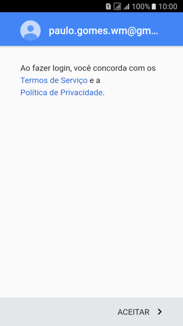 Pressione ACEITAR, e siga as indicações da tela para selecionar as configurações da sua conta Google. Pressione ACEITAR, e siga as indicações da tela para selecionar as configurações da sua conta Google.