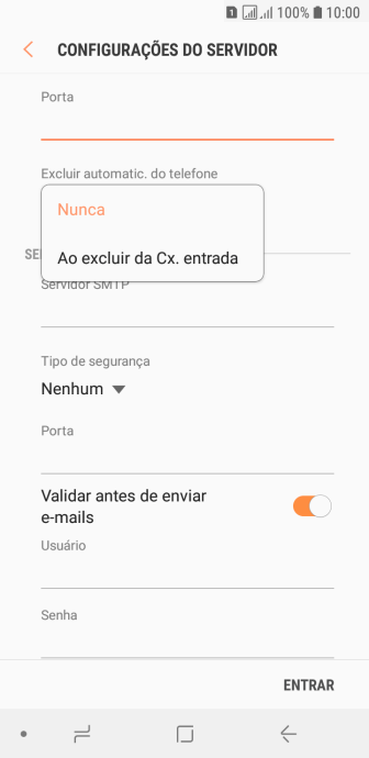 Pressione Nunca para manter os e-mails no servidor, quando você apagá-los do celular. Pressione Nunca para manter os e-mails no servidor, quando você apagá-los do celular.