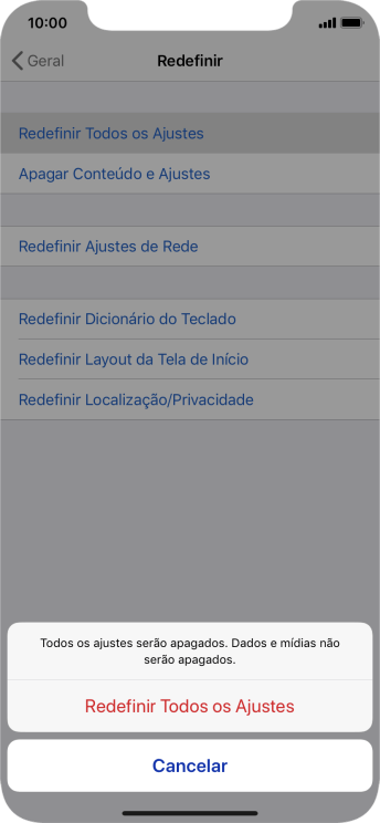 Pressione Redefinir Todos os Ajustes. Pressione Redefinir Todos os Ajustes.