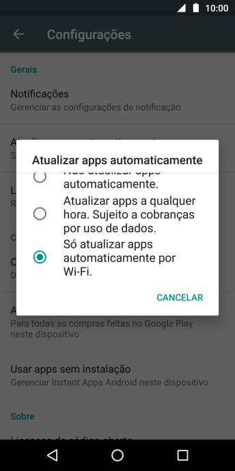 Para ativar a atualização automática de apps via Wi-Fi, você deve pressionar Só atualizar apps automaticamente por Wi-Fi.. Para ativar a atualização automática de apps via Wi-Fi, você deve pressionar Só atualizar apps automaticamente por Wi-Fi..