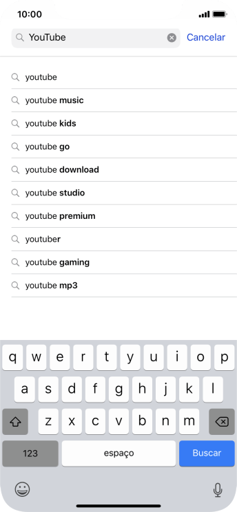 Digite YouTube, e pressione Buscar. Digite YouTube, e pressione Buscar.