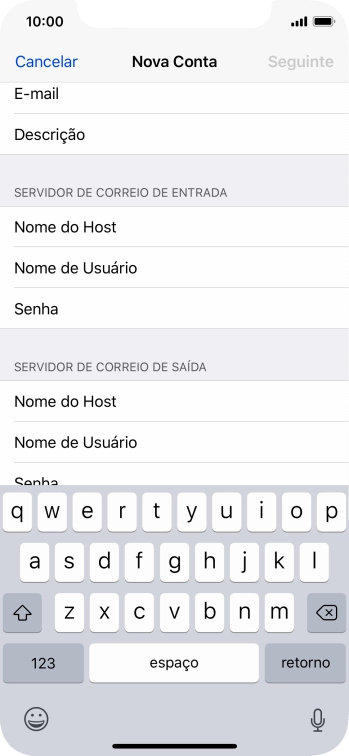 Pressione Nome do Host, e insira o nome do servidor de saída do seu provedor de e-mails. Pressione Nome do Host, e insira o nome do servidor de saída do seu provedor de e-mails.