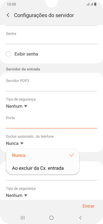 Pressione Nunca para manter os e-mails no servidor, quando você apagá-los do celular. Pressione Nunca para manter os e-mails no servidor, quando você apagá-los do celular.