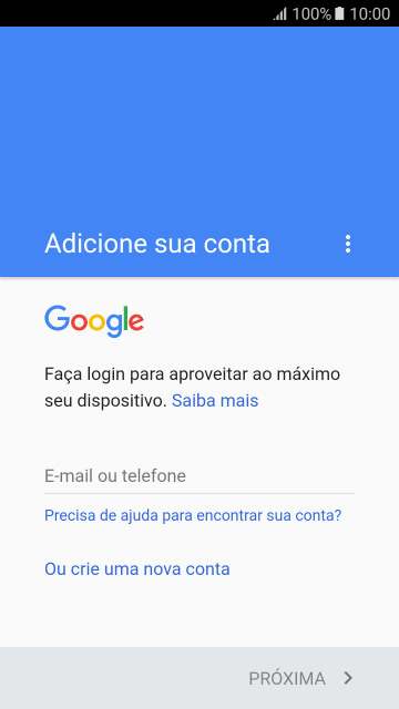 Se você não tiver uma conta Google, deve pressionar Ou crie uma nova conta, e seguir as instruções da tela para instalar uma conta. Se você não tiver uma conta Google, deve pressionar Ou crie uma nova conta, e seguir as instruções da tela para instalar uma conta.