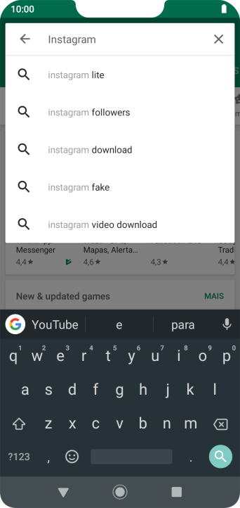 Digite Instagram, e pressione o ícone de busca. Digite Instagram, e pressione o ícone de busca.