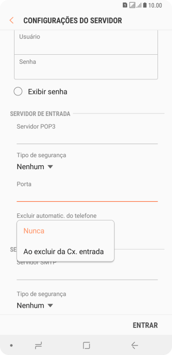 Pressione Nunca para manter os e-mails no servidor, quando você apagá-los do celular. Pressione Nunca para manter os e-mails no servidor, quando você apagá-los do celular.