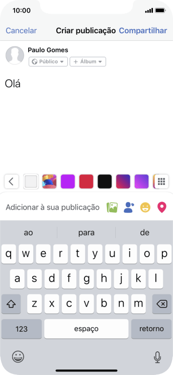 Digite o texto, e pressione Compartilhar. Digite o texto, e pressione Compartilhar.