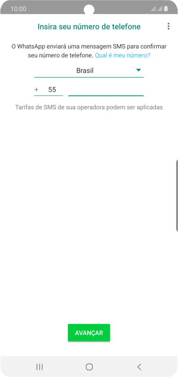 Pressione AVANÇAR. Aguarde até que o celular receba uma SMS para confirmar seu número de telefone. Pressione AVANÇAR. Aguarde até que o celular receba uma SMS para confirmar seu número de telefone.