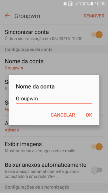 Digite o nome da conta de e-mail, e pressione OK. Digite o nome da conta de e-mail, e pressione OK.