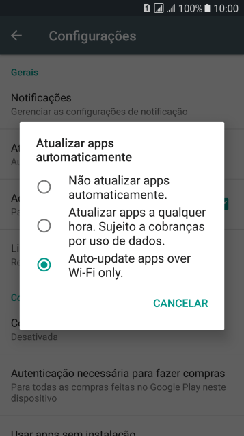 Para desativar a atualização automática de apps, você deve pressionar Não atualizar apps automaticamente.. Para desativar a atualização automática de apps, você deve pressionar Não atualizar apps automaticamente..