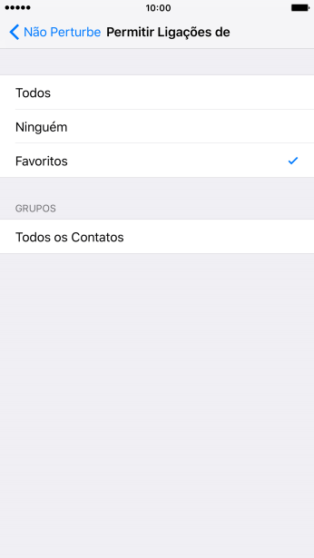 Pressione a configuração desejada para selecionar quais contatos podem ligar para você quando o Não Perturbe estiver ativado. Pressione a configuração desejada para selecionar quais contatos podem ligar para você quando o Não Perturbe estiver ativado.