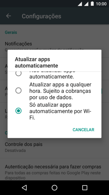 Para ativar a atualização automática de apps via Wi-Fi, você deve pressionar Só atualizar apps automaticamente por Wi-Fi.. Para ativar a atualização automática de apps via Wi-Fi, você deve pressionar Só atualizar apps automaticamente por Wi-Fi..