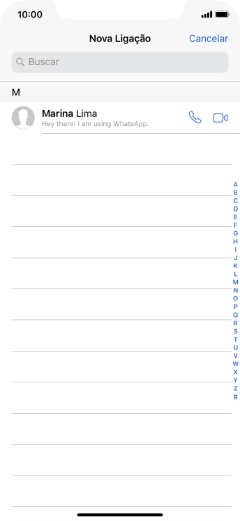 Pressione o campo de busca, e digite as primeiras letras do nome do contato. Pressione o campo de busca, e digite as primeiras letras do nome do contato.