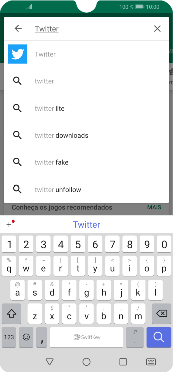 Digite Twitter e pressione o ícone de busca. Digite Twitter e pressione o ícone de busca.