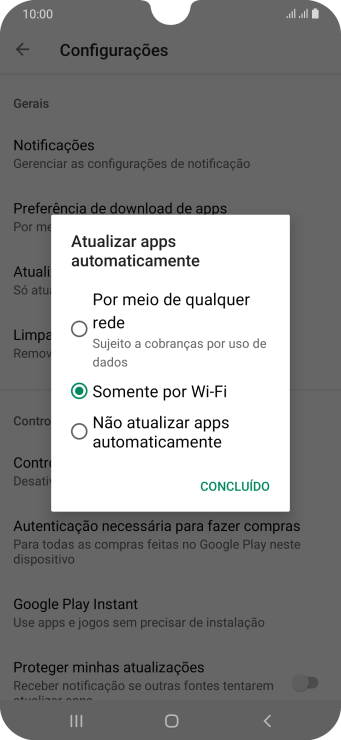 Para ativar a atualização automática de apps via rede celular, você deve pressionar Por meio de qualquer rede Sujeito a cobranças por uso de dados. Para ativar a atualização automática de apps via rede celular, você deve pressionar Por meio de qualquer rede Sujeito a cobranças por uso de dados.