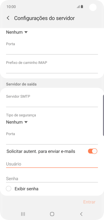 Pressione o campo da senha, e insira a senha do servidor de saída do seu provedor de e-mails. Pressione o campo da senha, e insira a senha do servidor de saída do seu provedor de e-mails.