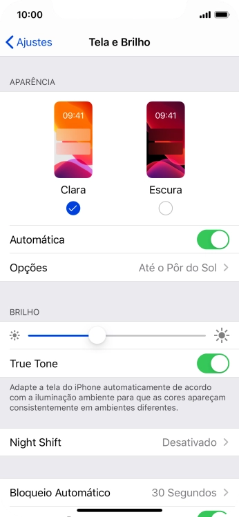 Se você ativar a função, deve pressionar Opções e seguir as instruções na tela para escolher o período desejado para a função de Escuro. Se você ativar a função, deve pressionar Opções e seguir as instruções na tela para escolher o período desejado para a função de Escuro.