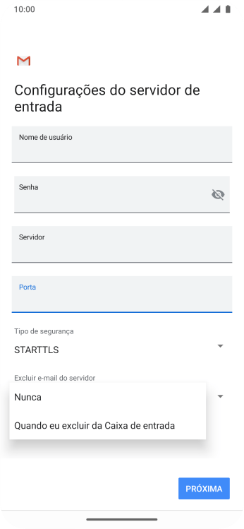 Pressione Nunca para manter os e-mails no servidor, quando você apagá-los do celular. Pressione Nunca para manter os e-mails no servidor, quando você apagá-los do celular.