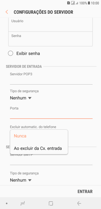 Pressione Nunca para manter os e-mails no servidor, quando você apagá-los do celular. Pressione Nunca para manter os e-mails no servidor, quando você apagá-los do celular.