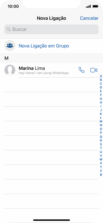 Pressione o campo de busca, e digite as primeiras letras do nome do contato. Pressione o campo de busca, e digite as primeiras letras do nome do contato.