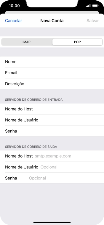 Pressione Nome do Host, e insira o nome do servidor de saída do seu provedor de e-mails. Pressione Nome do Host, e insira o nome do servidor de saída do seu provedor de e-mails.