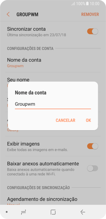 Digite o nome da conta de e-mail, e pressione OK. Digite o nome da conta de e-mail, e pressione OK.