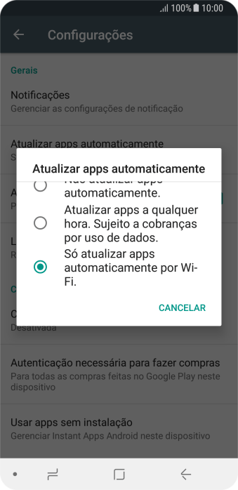 Para ativar a atualização automática de apps via Wi-Fi, você deve pressionar Só atualizar apps automaticamente por Wi-Fi.. Para ativar a atualização automática de apps via Wi-Fi, você deve pressionar Só atualizar apps automaticamente por Wi-Fi..