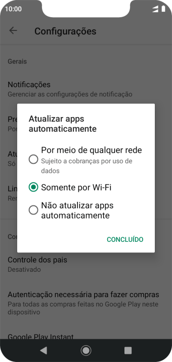 Para ativar a atualização automática de apps via rede celular, você deve pressionar Por meio de qualquer rede Sujeito a cobranças por uso de dados.. Para ativar a atualização automática de apps via rede celular, você deve pressionar Por meio de qualquer rede Sujeito a cobranças por uso de dados..