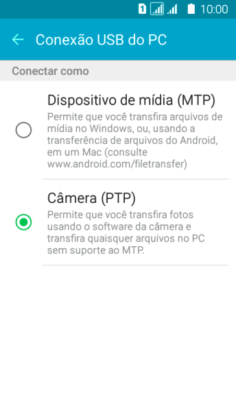 Pressione Dispositivo de mídia (MTP) para ativar a função. Pressione Dispositivo de mídia (MTP) para ativar a função.