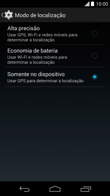 Se você selecionar Alta precisão, o seu celular poderá encontrar sua posição precisa com ajuda dos satélites GPS, rede celular e e da rede Wi-Fi próximos à você. Se você selecionar Alta precisão, o seu celular poderá encontrar sua posição precisa com ajuda dos satélites GPS, rede celular e e da rede Wi-Fi próximos à você.