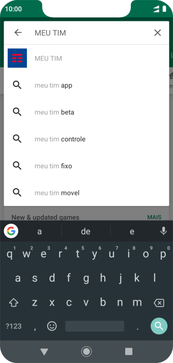 Digite MEU TIM, e pressione o ícone de busca. Digite MEU TIM, e pressione o ícone de busca.