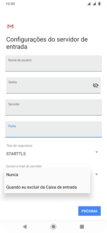 Pressione Nunca para manter os e-mails no servidor, quando você apagá-los do celular. Pressione Nunca para manter os e-mails no servidor, quando você apagá-los do celular.