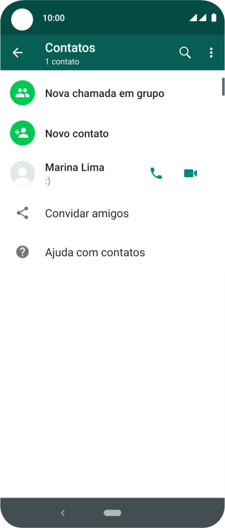 Pressione o ícone de busca, e digite as primeiras letras do nome do contato. Pressione o ícone de busca, e digite as primeiras letras do nome do contato.