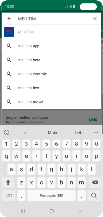 Digite MEU TIM, e pressione o ícone de busca. Digite MEU TIM, e pressione o ícone de busca.