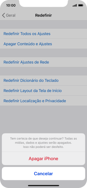 Pressione Apagar iPhone. Aguarde um instante, enquanto o celular restaura as configurações padrão. Siga as indicações da tela para configurar o celular, e deixá-lo pronto para o uso. Pressione Apagar iPhone. Aguarde um instante, enquanto o celular restaura as configurações padrão. Siga as indicações da tela para configurar o celular, e deixá-lo pronto para o uso.