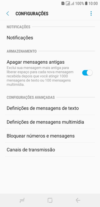 Pressione Definições de mensagens de texto. Pressione Definições de mensagens de texto.