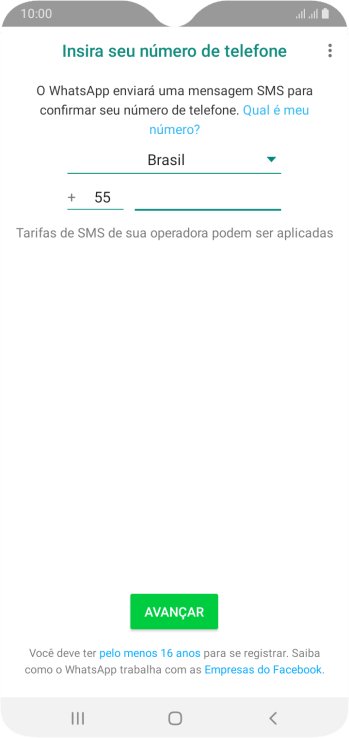 Pressione AVANÇAR. Aguarde até que o celular receba uma SMS para confirmar seu número de telefone. Pressione AVANÇAR. Aguarde até que o celular receba uma SMS para confirmar seu número de telefone.