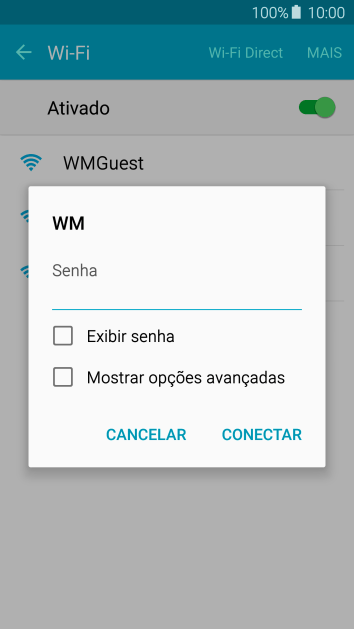 Digite a senha da sua conta da rede Wi-Fi, e pressione CONECTAR. Digite a senha da sua conta da rede Wi-Fi, e pressione CONECTAR.