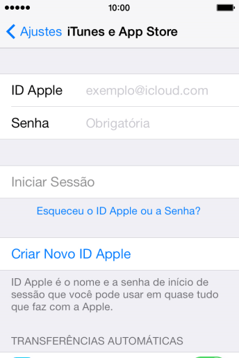 Pressione ID Apple, e digite o nome de usuário do seu ID Apple. Pressione ID Apple, e digite o nome de usuário do seu ID Apple.
