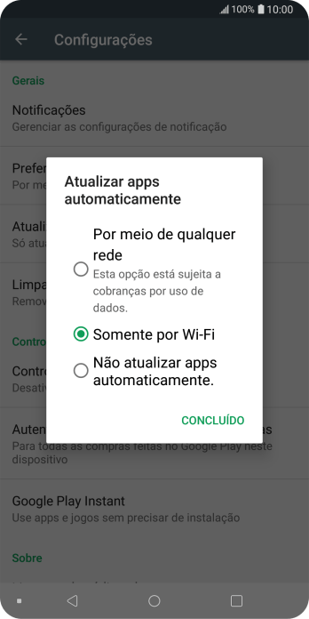 Para ativar a atualização automática de apps via rede celular, você deve pressionar Por meio de qualquer rede. Esta opção está sujeita a cobranças por uso de dados.. Para ativar a atualização automática de apps via rede celular, você deve pressionar Por meio de qualquer rede. Esta opção está sujeita a cobranças por uso de dados..