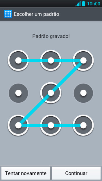 Mova os dedos na tela para conectar pelo menos quatro pontos, e pressione Continuar. Mova os dedos na tela para conectar pelo menos quatro pontos, e pressione Continuar.