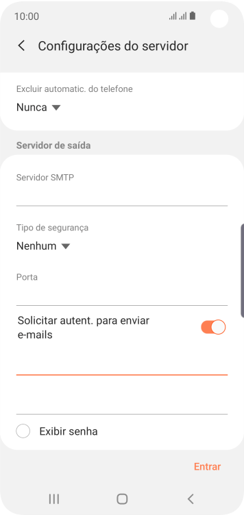 Pressione o campo da senha, e insira a senha do servidor de saída do seu provedor de e-mails. Pressione o campo da senha, e insira a senha do servidor de saída do seu provedor de e-mails.