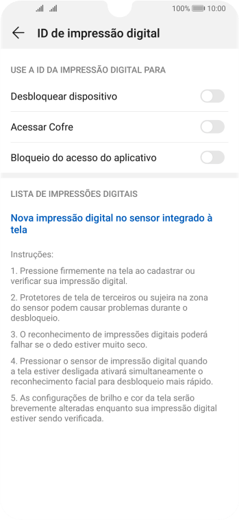 Pressione Nova impressão digital no sensor integrado à tela. Pressione Nova impressão digital no sensor integrado à tela.