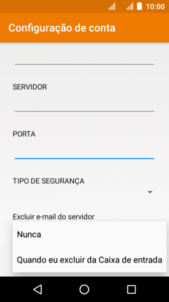Pressione Nunca para manter os e-mails no servidor, quando você apagá-los do celular. Pressione Nunca para manter os e-mails no servidor, quando você apagá-los do celular.