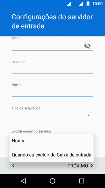 Pressione Nunca para manter os e-mails no servidor, quando você apagá-los do celular. Pressione Nunca para manter os e-mails no servidor, quando você apagá-los do celular.