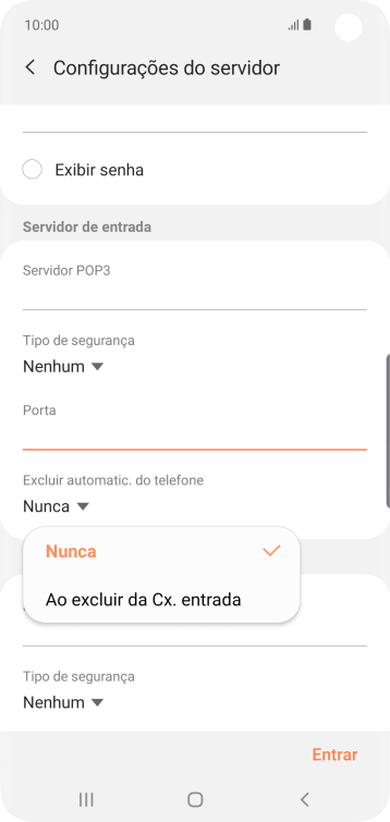 Pressione Nunca para manter os e-mails no servidor, quando você apagá-los do celular. Pressione Nunca para manter os e-mails no servidor, quando você apagá-los do celular.