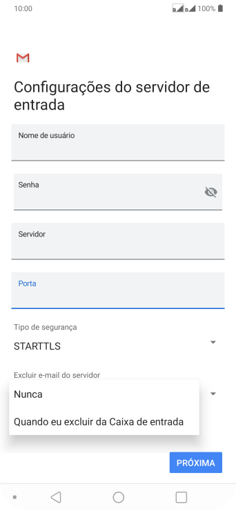 Pressione Nunca para manter os e-mails no servidor, quando você apagá-los do celular. Pressione Nunca para manter os e-mails no servidor, quando você apagá-los do celular.